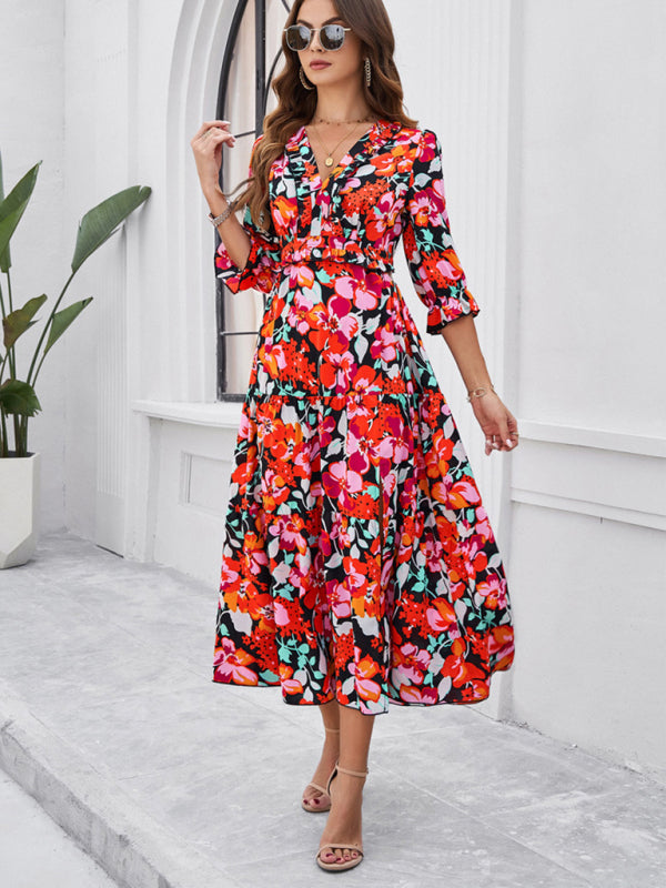 SHOPIQAT Spring and Summer New Holiday Casual Printed V-Neck Slit Dress - Premium  from shopiqat - Just $10.100! Shop now at shopiqat