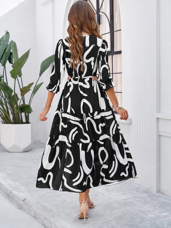 SHOPIQAT Spring and Summer New Holiday Casual Printed V-Neck Slit Dress - Premium  from shopiqat - Just $10.100! Shop now at shopiqat