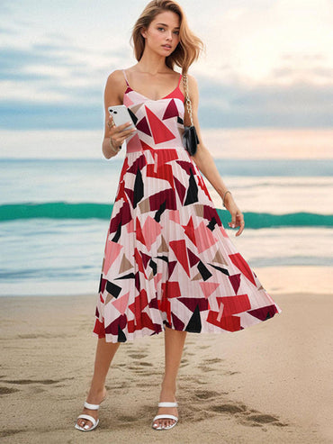 SHOPIQAT New Women's Sling Holiday Geometric Print A-Line Midi Dress - Premium  from shopiqat - Just $9.800! Shop now at shopiqat