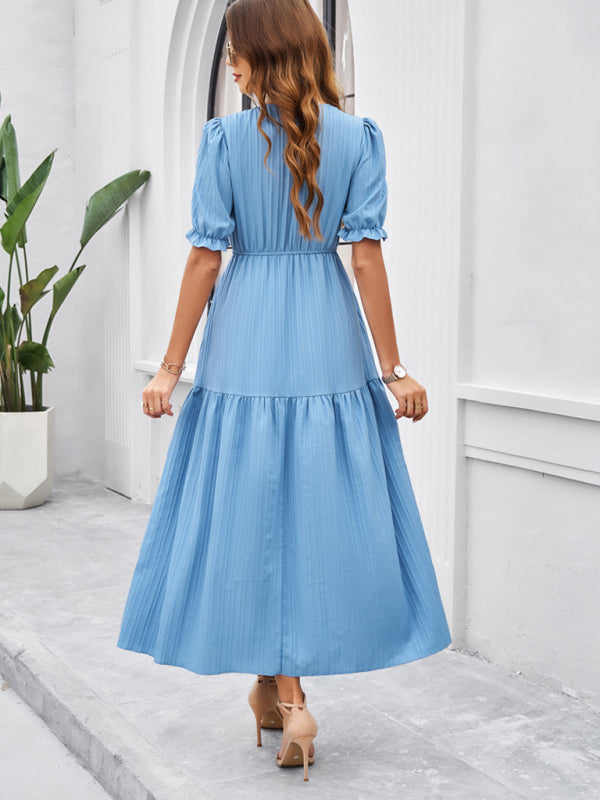 SHOPIQAT New Spring and Summer Solid Color Temperament V-Neck Short-Sleeved Long Skirt - Premium  from shopiqat - Just $10.750! Shop now at shopiqat