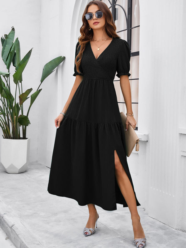 SHOPIQAT New Spring and Summer Solid Color Temperament V-Neck Short-Sleeved Long Skirt - Premium  from shopiqat - Just $10.750! Shop now at shopiqat