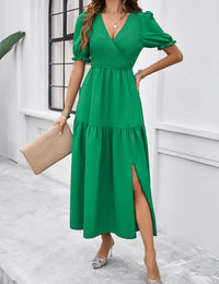 SHOPIQAT New Spring and Summer Solid Color Temperament V-Neck Short-Sleeved Long Skirt - Premium  from shopiqat - Just $10.750! Shop now at shopiqat