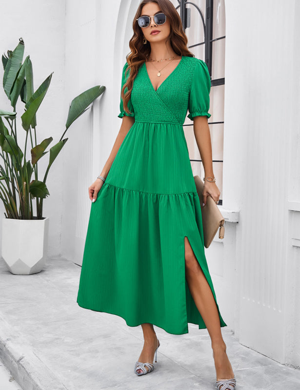 SHOPIQAT New Spring and Summer Solid Color Temperament V-Neck Short-Sleeved Long Skirt - Premium  from shopiqat - Just $10.750! Shop now at shopiqat