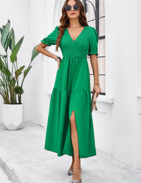 SHOPIQAT New Spring and Summer Solid Color Temperament V-Neck Short-Sleeved Long Skirt - Premium  from shopiqat - Just $10.750! Shop now at shopiqat