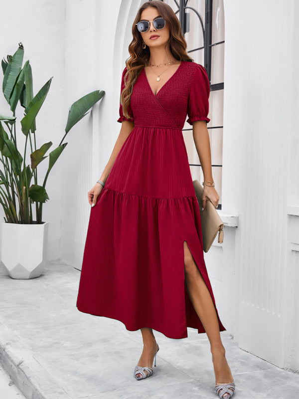 SHOPIQAT New Spring and Summer Solid Color Temperament V-Neck Short-Sleeved Long Skirt - Premium  from shopiqat - Just $10.750! Shop now at shopiqat