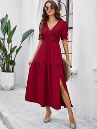 SHOPIQAT New Spring and Summer Solid Color Temperament V-Neck Short-Sleeved Long Skirt - Premium  from shopiqat - Just $10.750! Shop now at shopiqat
