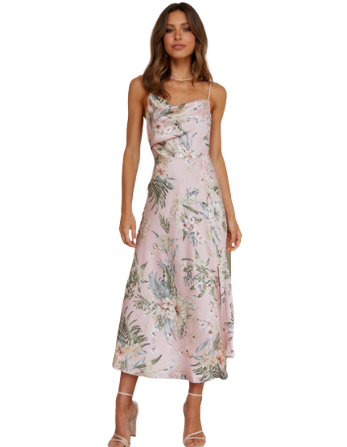 SHOPIQAT Satin Sling Floral Midi Dress - Premium  from shopiqat - Just $7.990! Shop now at shopiqat