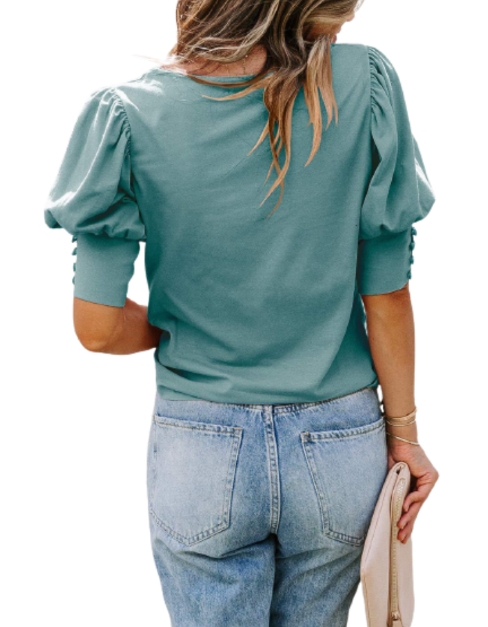 SHOPIQAT Puff Sleeve Crew Neck Blouse - Premium  from shopiqat - Just $5.900! Shop now at shopiqat
