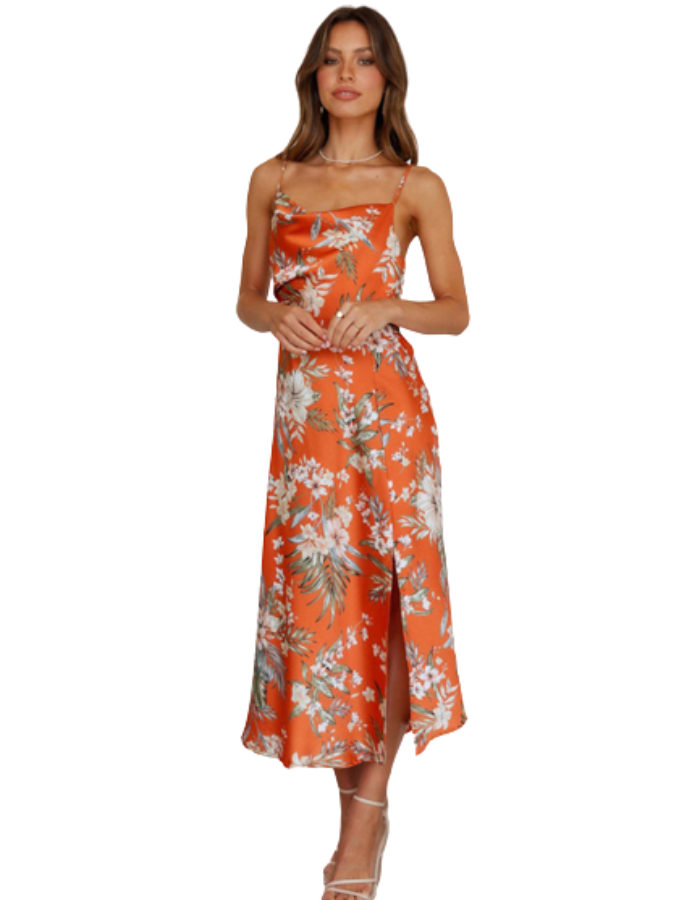 SHOPIQAT Satin Sling Floral Midi Dress - Premium  from shopiqat - Just $7.990! Shop now at shopiqat