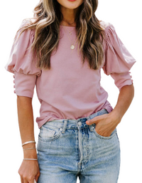 SHOPIQAT Puff Sleeve Crew Neck Blouse - Premium  from shopiqat - Just $5.900! Shop now at shopiqat