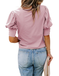 SHOPIQAT Puff Sleeve Crew Neck Blouse - Premium  from shopiqat - Just $5.900! Shop now at shopiqat