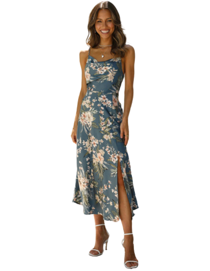 SHOPIQAT Satin Sling Floral Midi Dress - Premium  from shopiqat - Just $7.990! Shop now at shopiqat