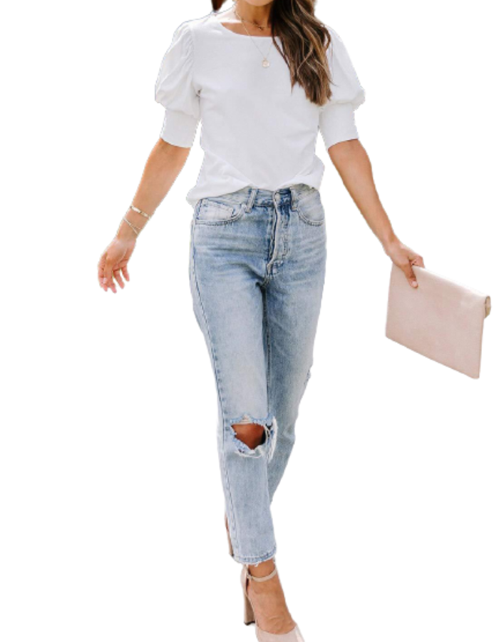 SHOPIQAT Puff Sleeve Crew Neck Blouse - Premium  from shopiqat - Just $5.900! Shop now at shopiqat