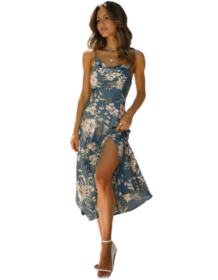 SHOPIQAT Satin Sling Floral Midi Dress - Premium  from shopiqat - Just $7.990! Shop now at shopiqat