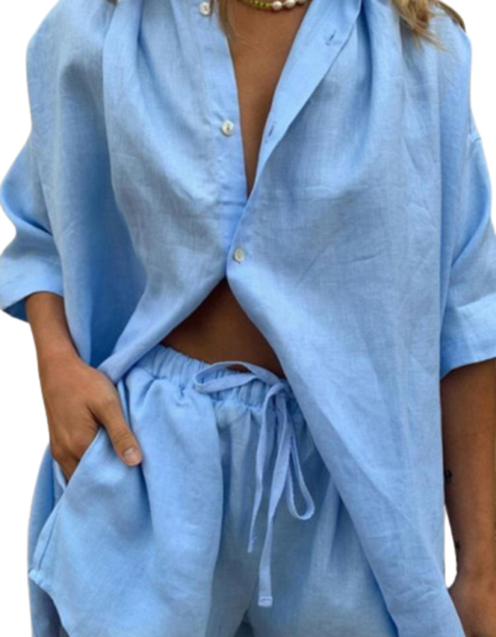 SHOPIQAT ¾ Sleeve Classic Button Front Shirt Matching Short Set