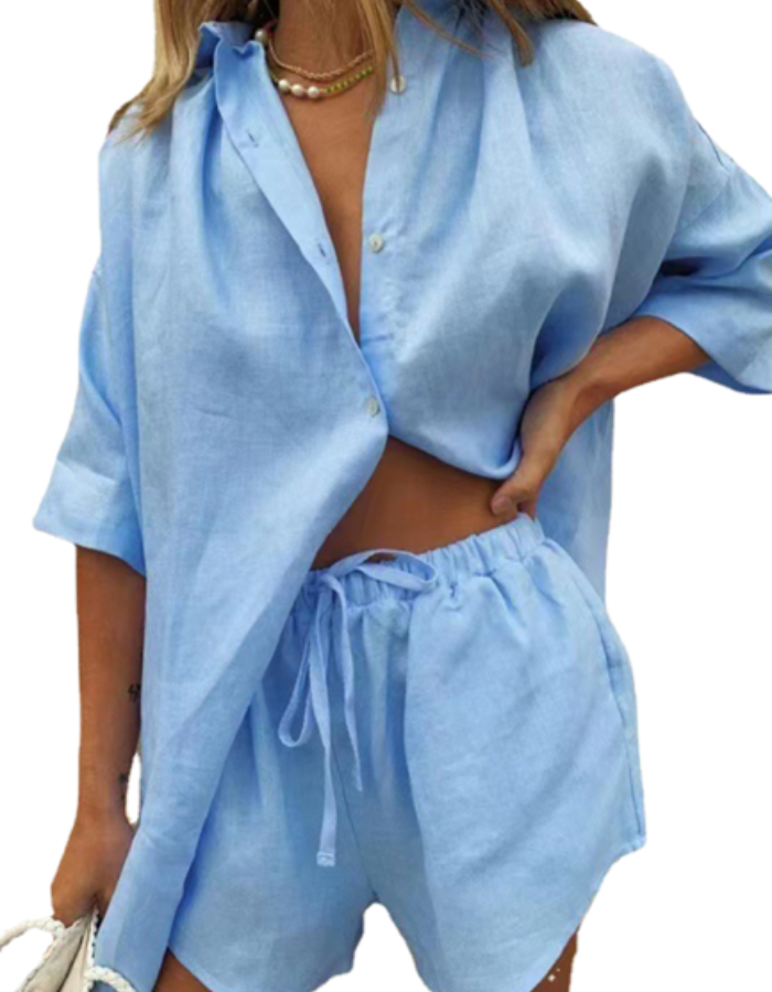 SHOPIQAT ¾ Sleeve Classic Button Front Shirt Matching Short Set