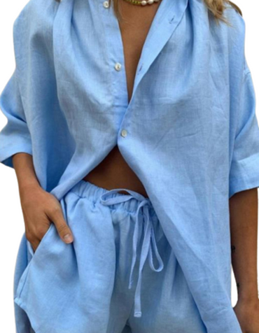SHOPIQAT ¾ Sleeve Classic Button Front Shirt Matching Short Set