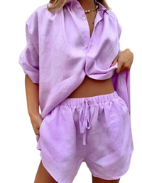 SHOPIQAT ¾ Sleeve Classic Button Front Shirt Matching Short Set