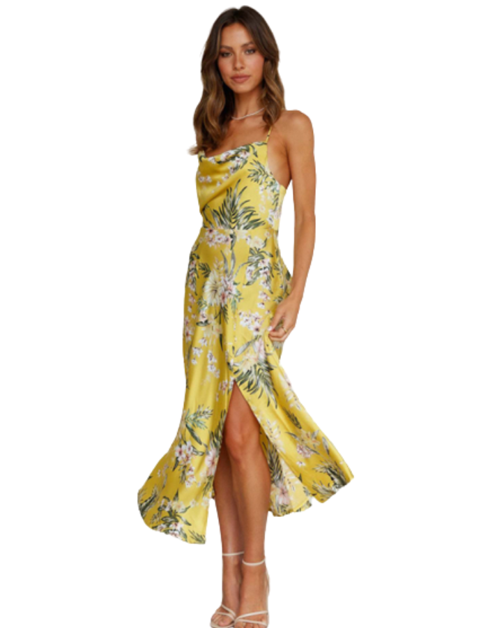 SHOPIQAT Satin Sling Floral Midi Dress - Premium  from shopiqat - Just $7.990! Shop now at shopiqat