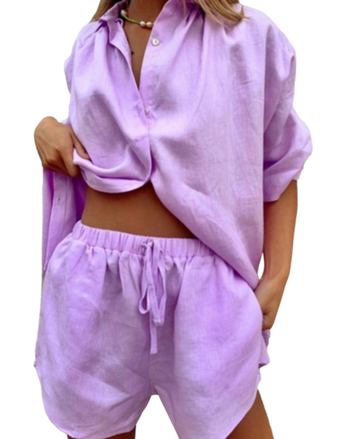 SHOPIQAT ¾ Sleeve Classic Button Front Shirt Matching Short Set