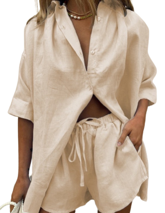SHOPIQAT ¾ Sleeve Classic Button Front Shirt Matching Short Set