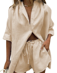 SHOPIQAT ¾ Sleeve Classic Button Front Shirt Matching Short Set