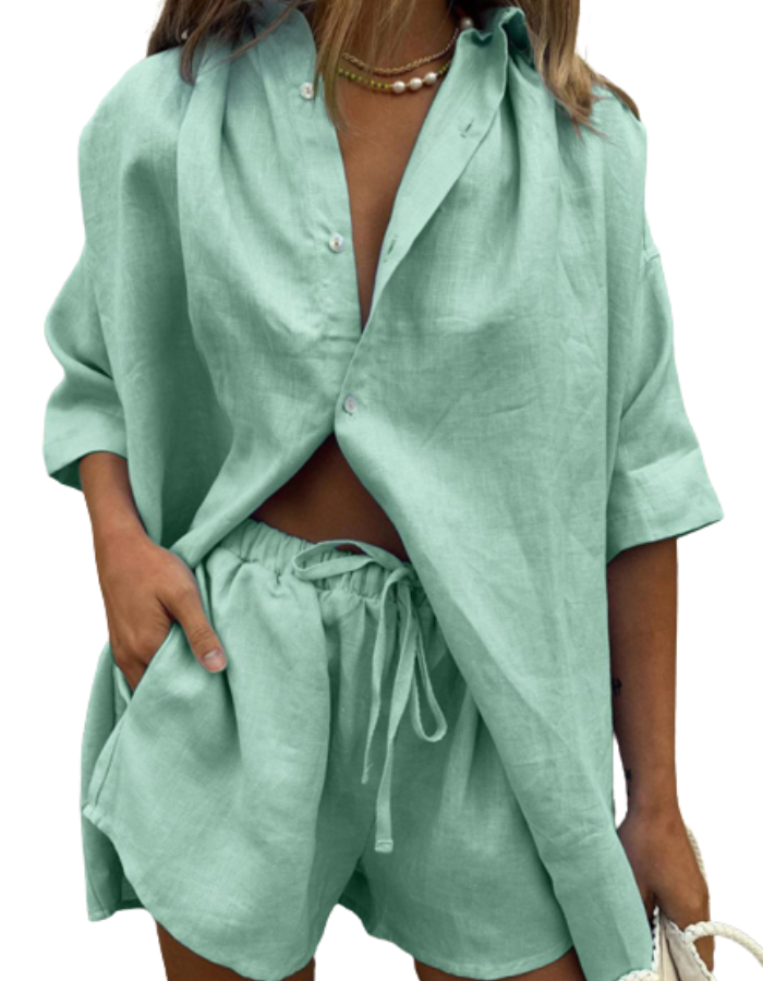 SHOPIQAT ¾ Sleeve Classic Button Front Shirt Matching Short Set