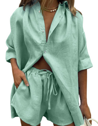 SHOPIQAT ¾ Sleeve Classic Button Front Shirt Matching Short Set