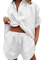 SHOPIQAT ¾ Sleeve Classic Button Front Shirt Matching Short Set