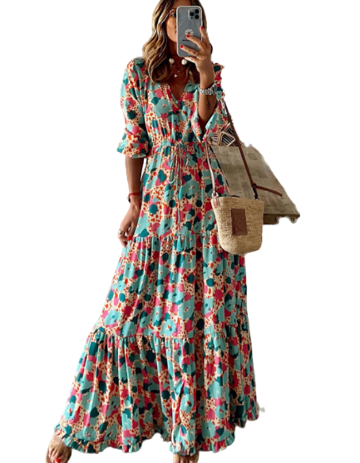 SHOPIQAT Floral Tiered Puff Ruffle Sleeve Maxi Dress - Premium  from shopiqat - Just $8.500! Shop now at shopiqat
