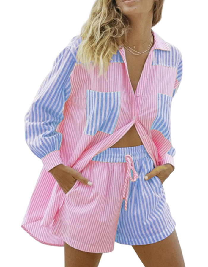 SHOPIQAT Button Front Long Sleeve Striped Shirt & Shorts