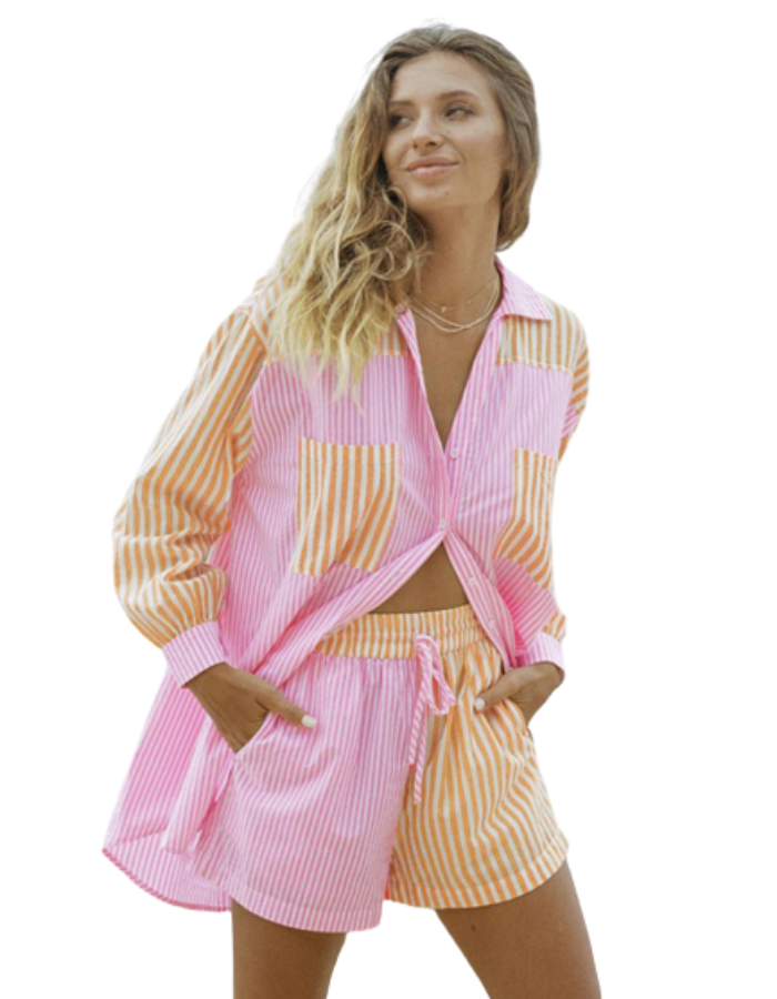 SHOPIQAT Button Front Long Sleeve Striped Shirt & Shorts