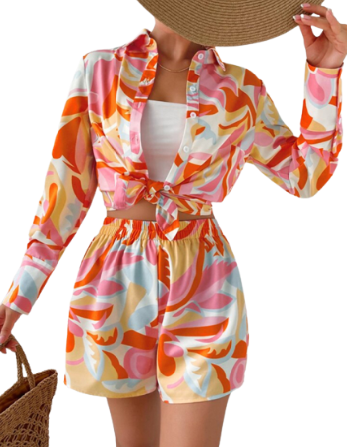 SHOPIQAT Long Sleeve Shirt With Matching Shorts