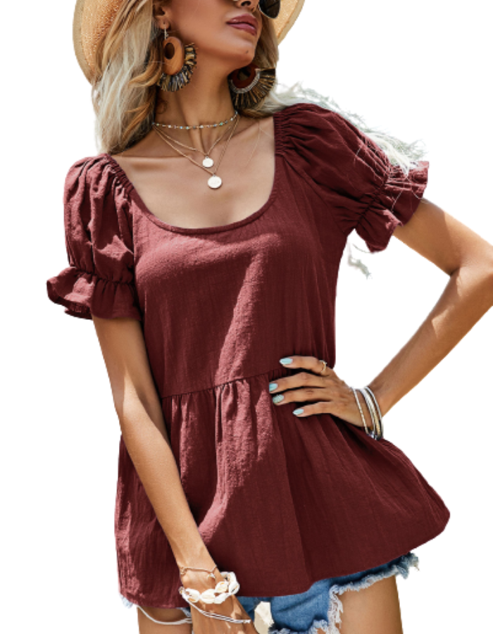 SHOPIQAT Casual Round Neck Puff Short Sleeve Top - Premium  from shopiqat - Just $5.490! Shop now at shopiqat