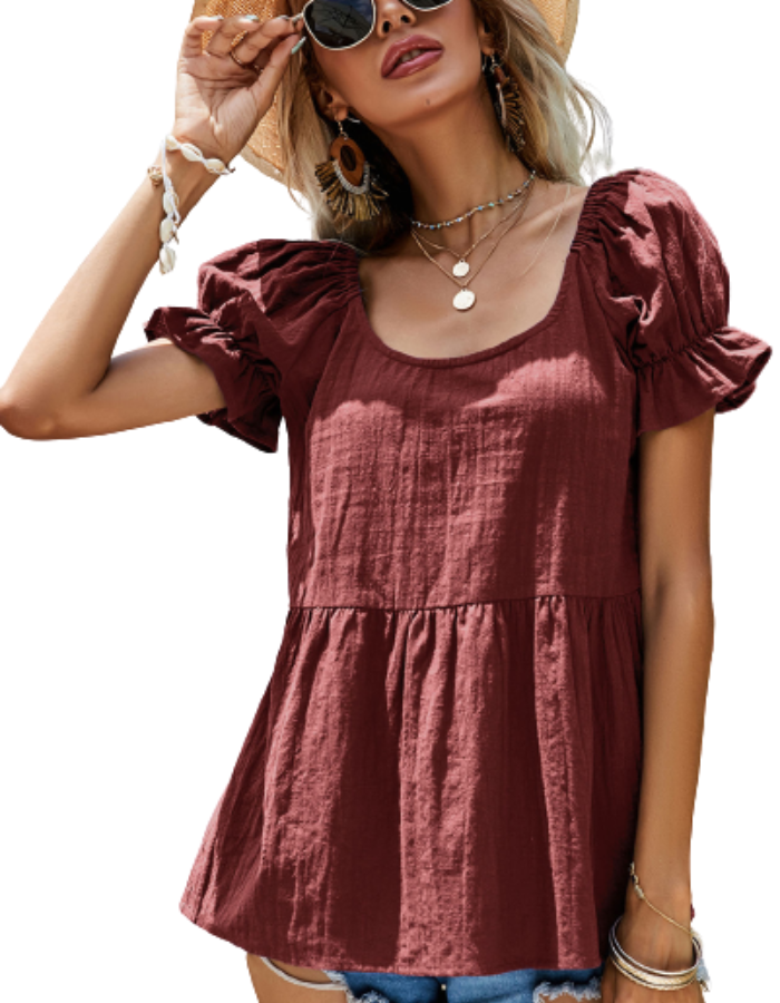 SHOPIQAT Casual Round Neck Puff Short Sleeve Top - Premium  from shopiqat - Just $5.490! Shop now at shopiqat