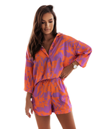 SHOPIQAT Bright Long Sleeve Notch Collar Top And Short Set