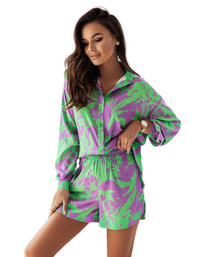 SHOPIQAT Bright Long Sleeve Notch Collar Top And Short Set