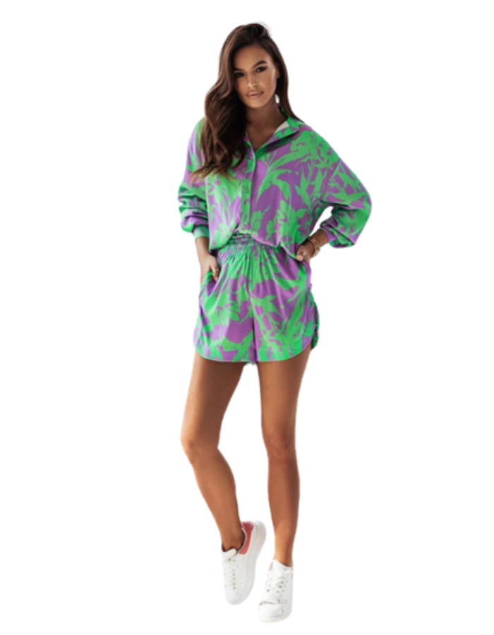 SHOPIQAT Bright Long Sleeve Notch Collar Top And Short Set