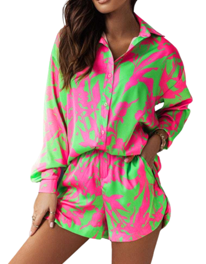 SHOPIQAT Bright Long Sleeve Notch Collar Top And Short Set