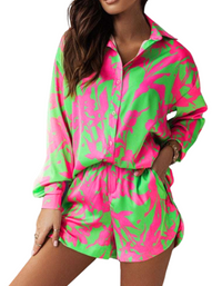 SHOPIQAT Bright Long Sleeve Notch Collar Top And Short Set