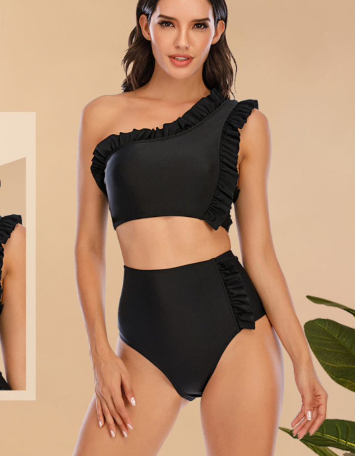 SHOPIQAT One-Shoulder Fungus Side High Waist Abdominal Split Swimsuit