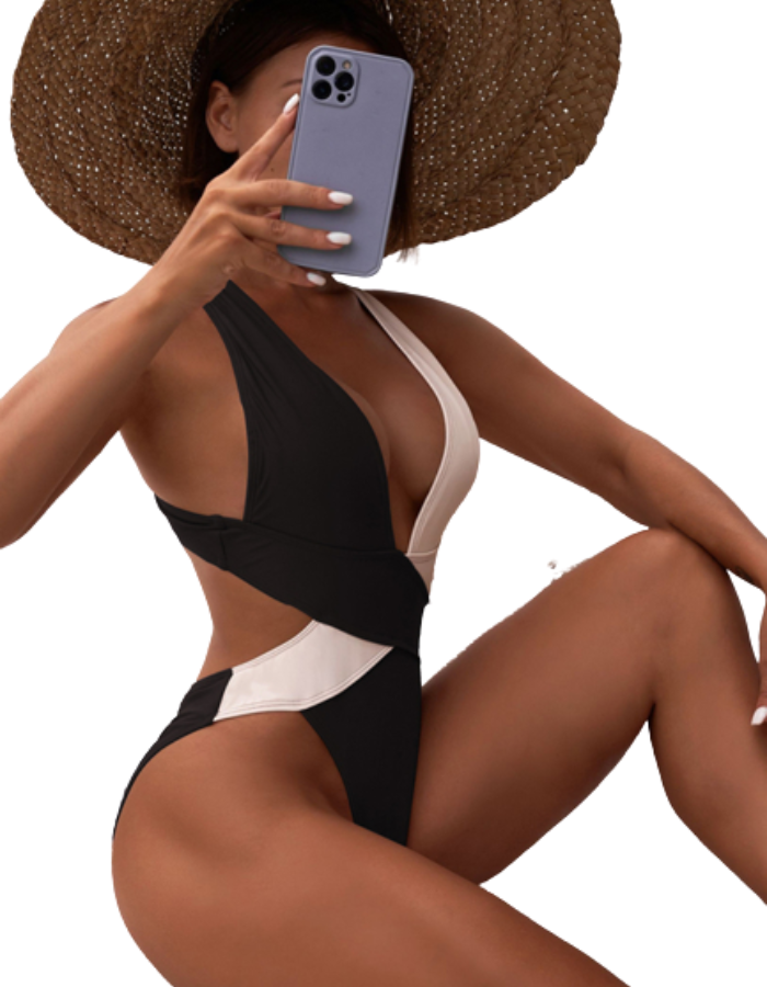 SHOPIQAT Bi-Color Plunge One-Piece Swimming Suit