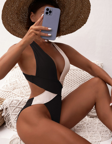 SHOPIQAT Bi-Color Plunge One-Piece Swimming Suit