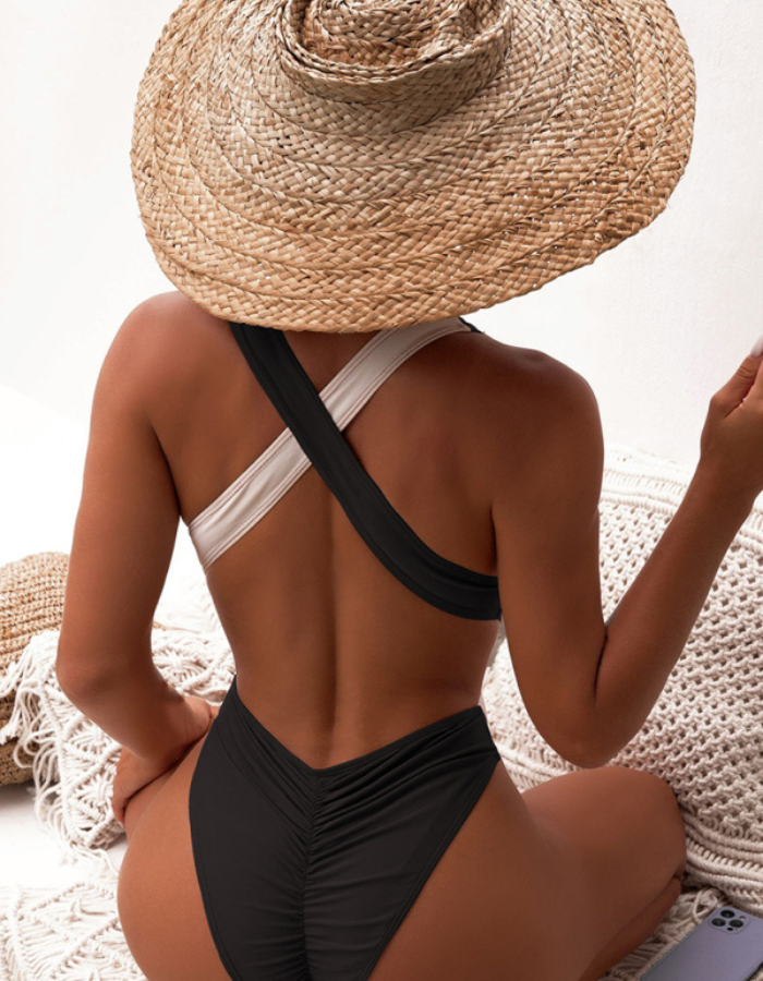SHOPIQAT Bi-Color Plunge One-Piece Swimming Suit
