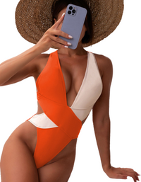 SHOPIQAT Bi-Color Plunge One-Piece Swimming Suit
