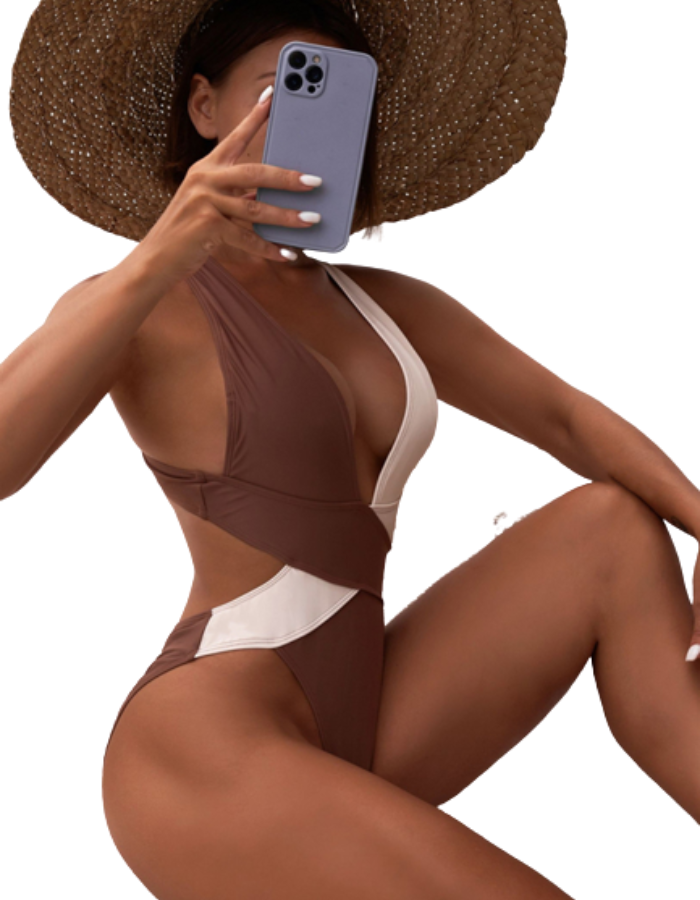 SHOPIQAT Bi-Color Plunge One-Piece Swimming Suit