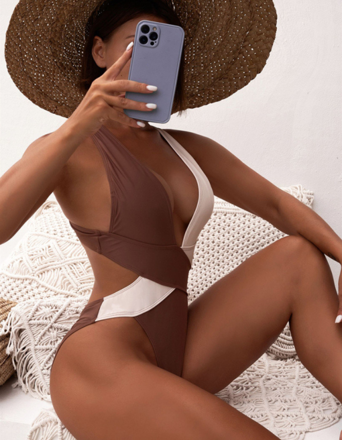 SHOPIQAT Bi-Color Plunge One-Piece Swimming Suit