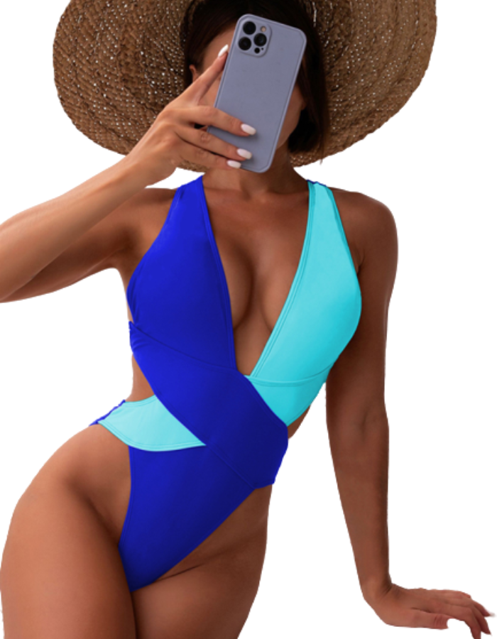 SHOPIQAT Bi-Color Plunge One-Piece Swimming Suit