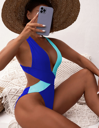SHOPIQAT Bi-Color Plunge One-Piece Swimming Suit