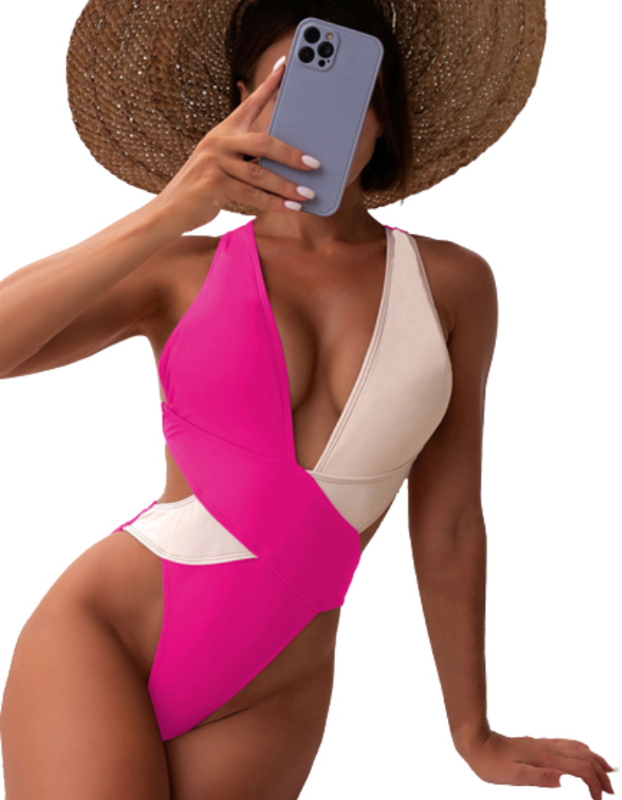 SHOPIQAT Bi-Color Plunge One-Piece Swimming Suit